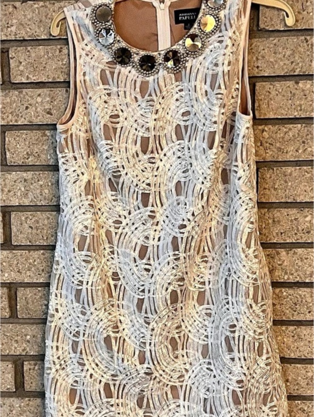 Adrianna Papell White Floral Lattice Beaded Bow Trim Shift Dress White & Blue 12